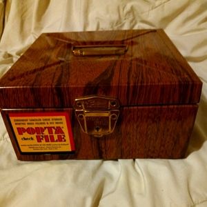 Vintage 70s Porta file metal box with faux wood grain.
